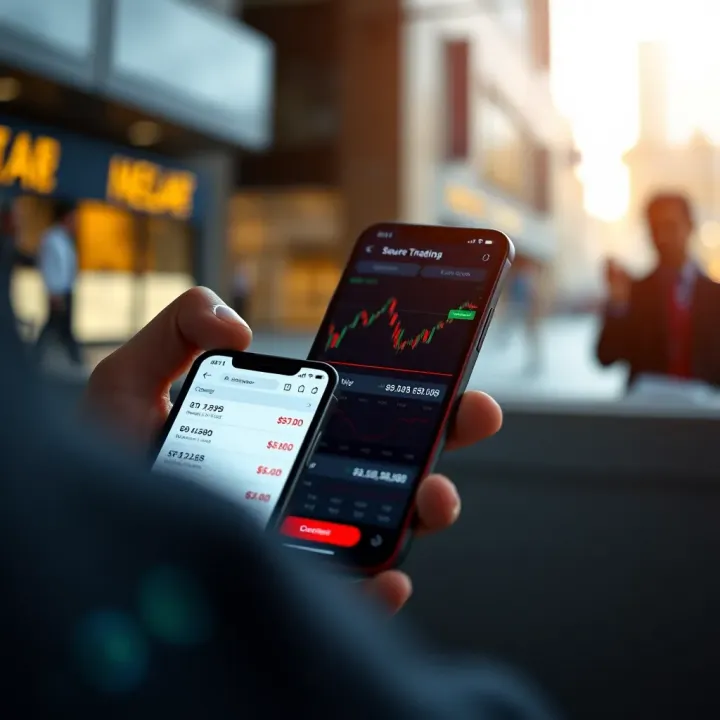 Mobile device showing a stock trading app with live price updates and investment options