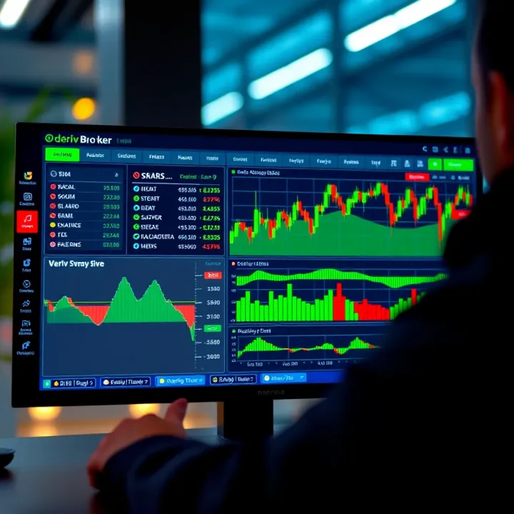 Screenshot of Deriv Broker trading platform interface with charts and trading options