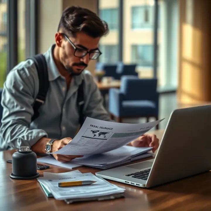 Traveler reviewing global travel insurance policy documents with a laptop and passport on a wooden table