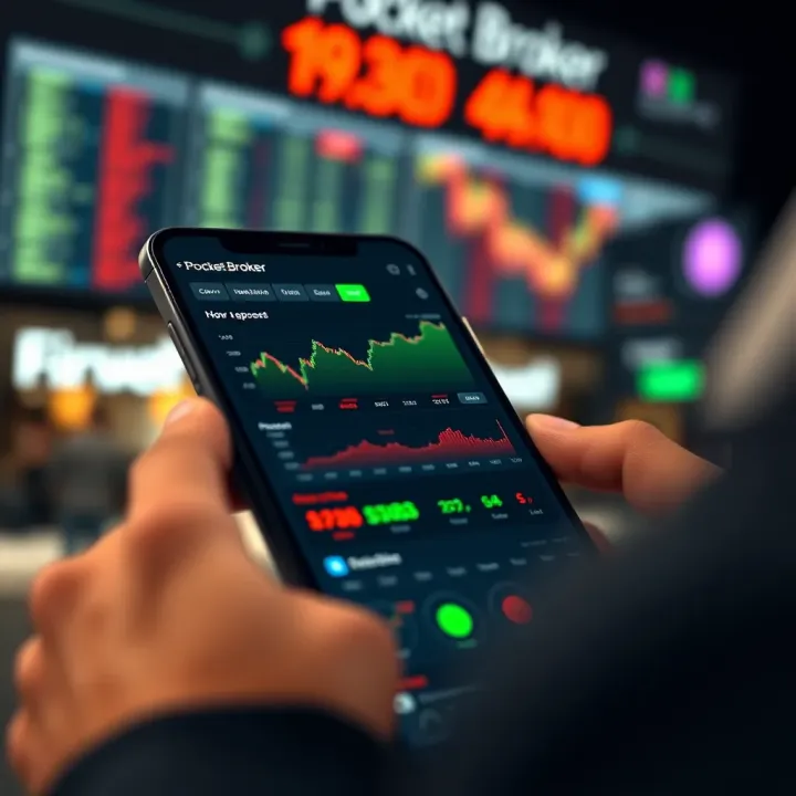 Mobile device displaying financial graphs and investment options on Pocket Broker platform
