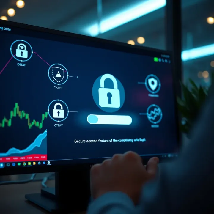 Secure login screen with financial data icons representing safety and compliance in digital investing