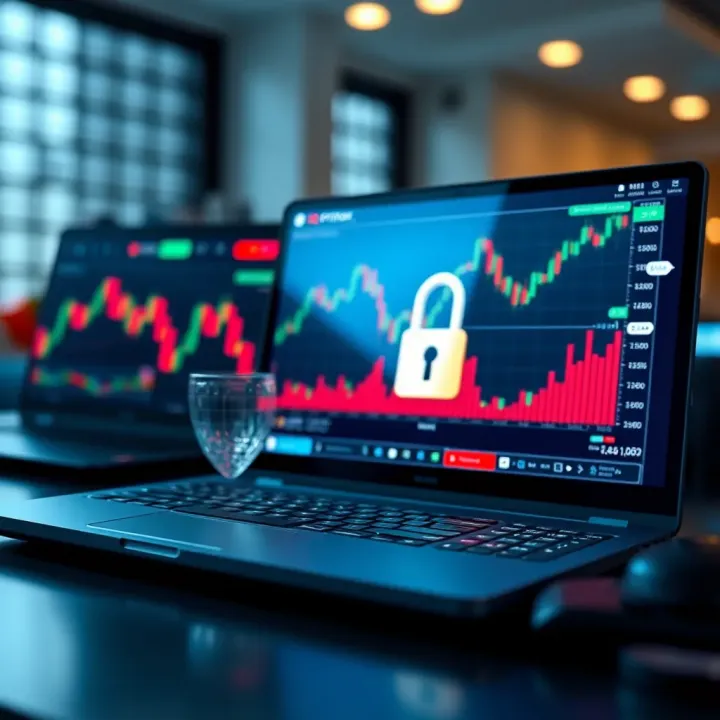 Conceptual representation of secure online trading with financial graphs and digital security icons