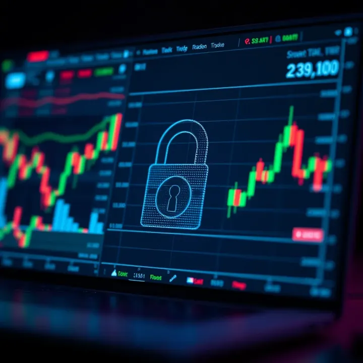 Secure Online Trading and Financial Data Visualization Secure online trading concept with digital lock and financial graphs