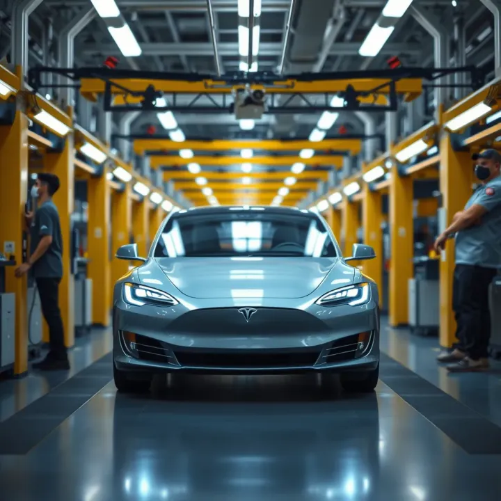 Tesla factory assembly line showcasing electric vehicle production