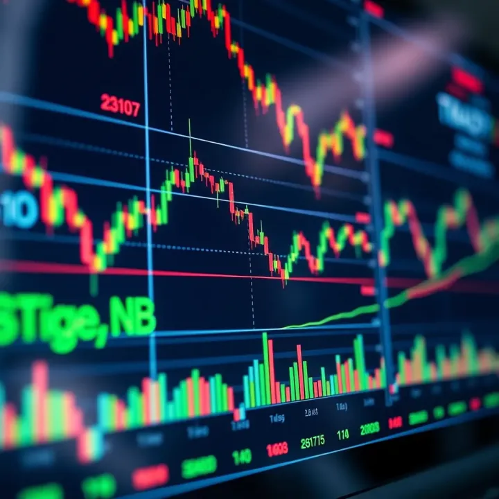 Chart displaying various financial graphs and trading indicators on a digital screen