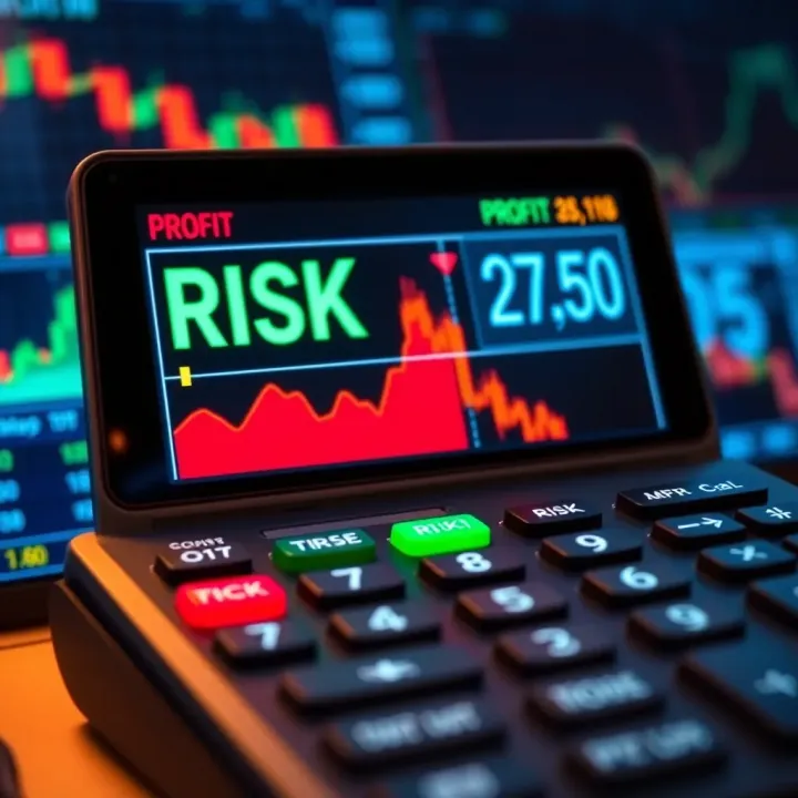 Financial Trading Calculator with Risk and Profit Metrics Digital financial trading calculator displaying risk and profit metrics on screen