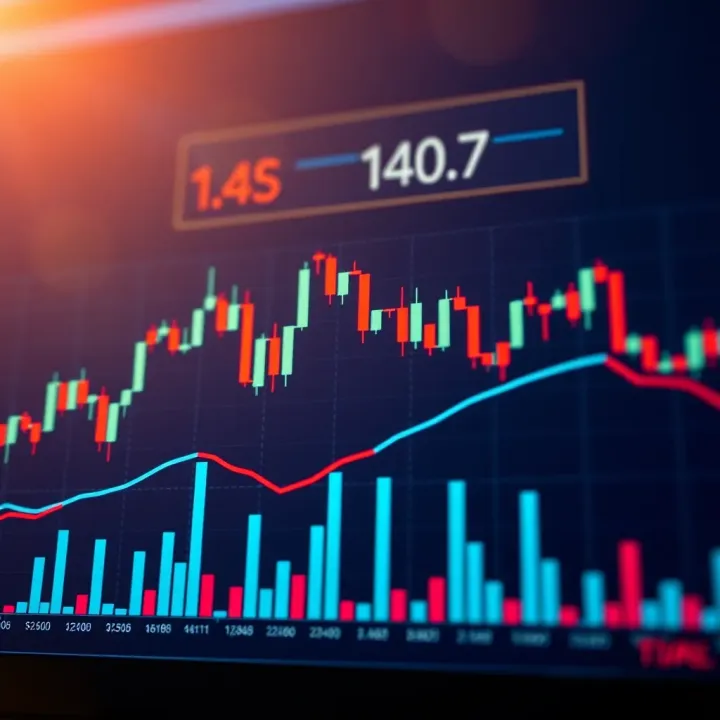 Candlestick chart displaying market price movements with volume bars below
