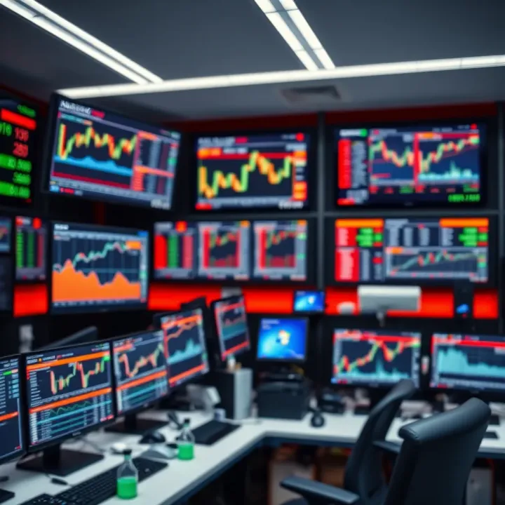 Modern trading room with multiple computer screens displaying financial charts and market data