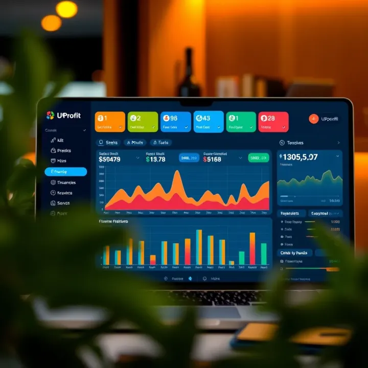 Dashboard interface displaying sales and financial management features of UProfit platform tailored for entrepreneurs