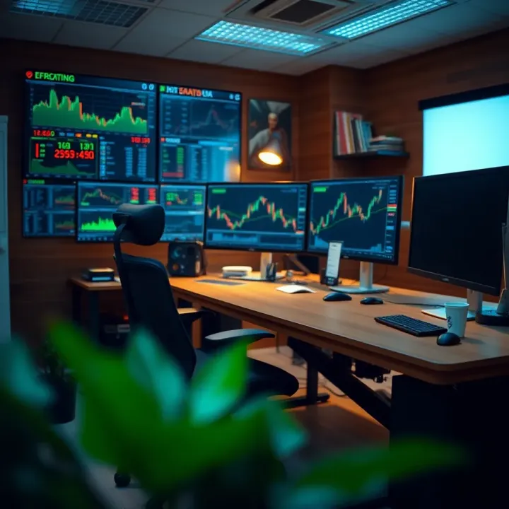 Workspace setup showing trading software on screens with ergonomic desk and comfortable chair for effective market operations